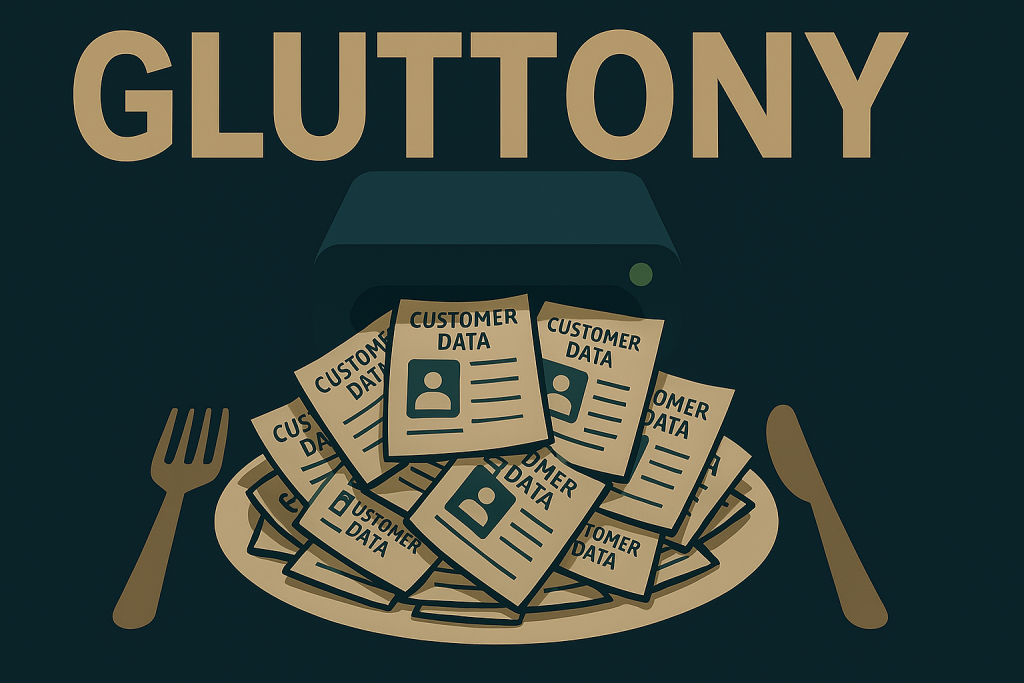 A cartoon hard drive or plate overflowing with customer data, symbolizing collecting more info than necessary.