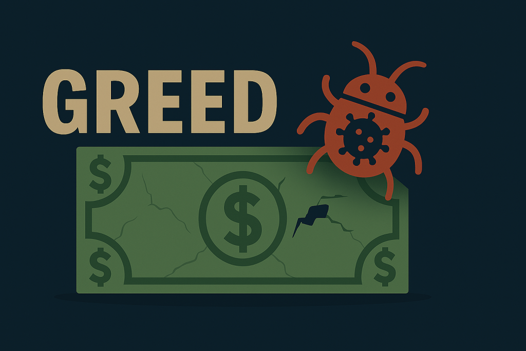  cartoon dollar bill with a digital bug crawling on it, symbolizing the dangers of cheap cybersecurity.