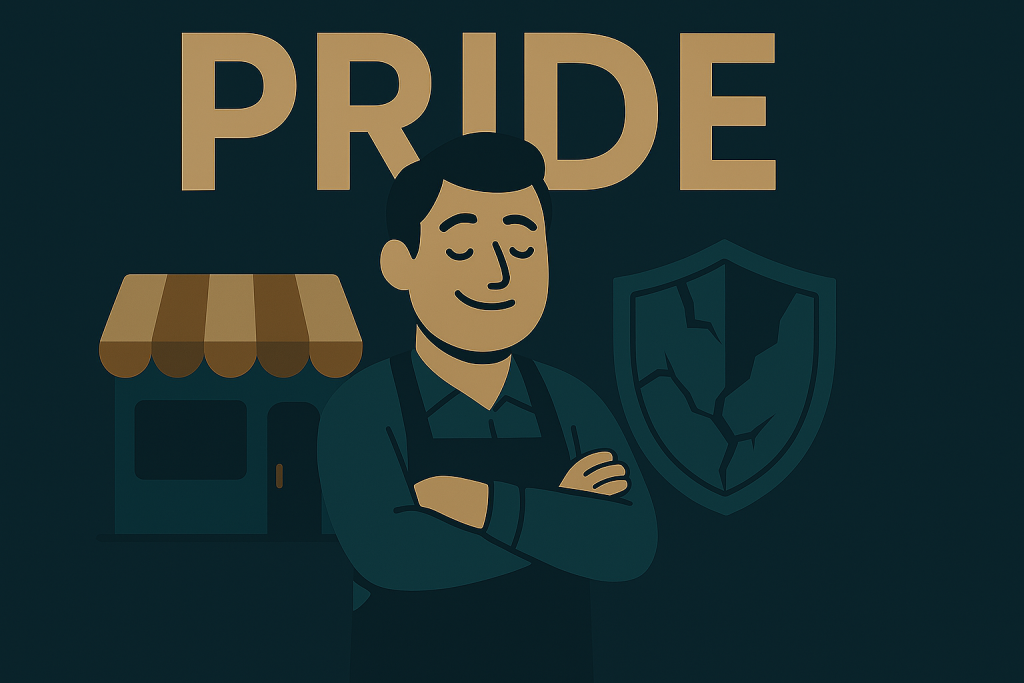  small business owner standing proudly with a cracked shield, showing overconfidence in weak cybersecurity.