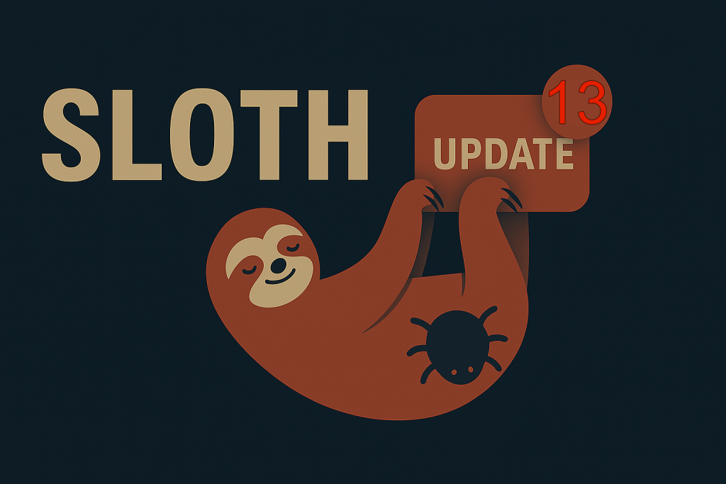 A cartoon sloth hanging lazily on a software update notification, representing procrastination in cybersecurity.